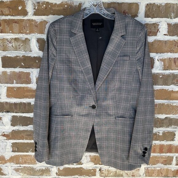 Banana Republic Blazer Long and Lean Jacket Plaid Gray Pink Wool Blend Sz 12 New - Picture 7 of 11